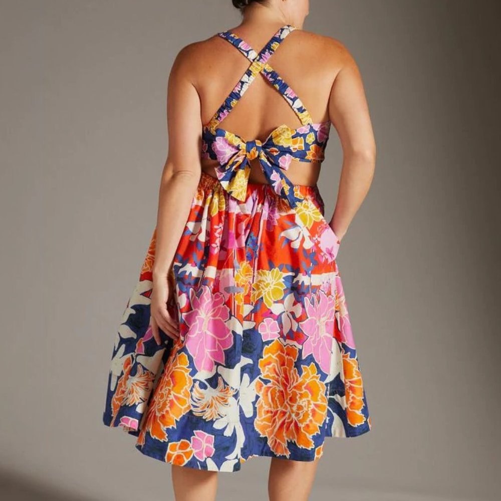 Anthropologie Navy Floral Halter Midi Dress with Pink, Yellow & Orange Blooms - Picture 2 of 10